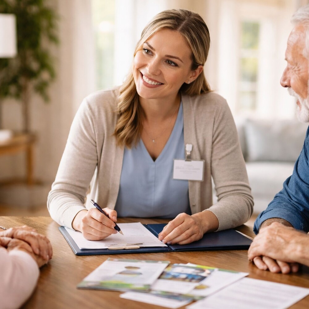 Clinician reviewing a home care plan with a patient and family member in Las Vegas