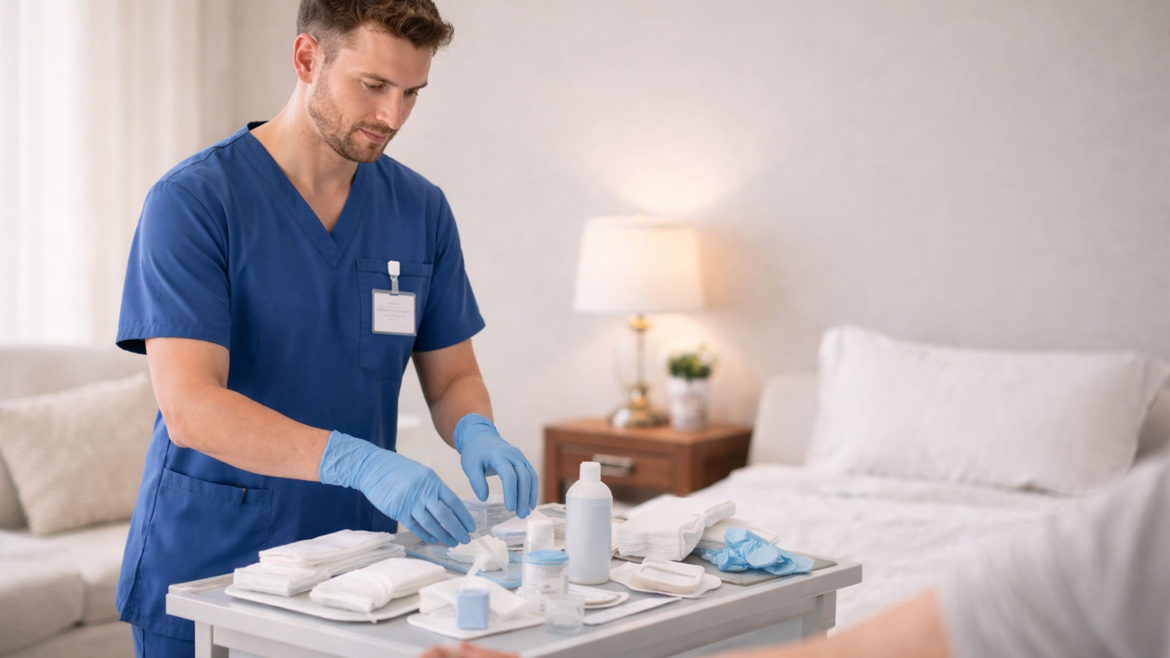 Home health nurse changing a wound dressing for a patient in Henderson, Nevada